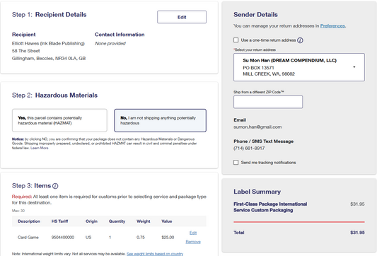 LoG Kickstarter International Backer Shipping Charges - UK01